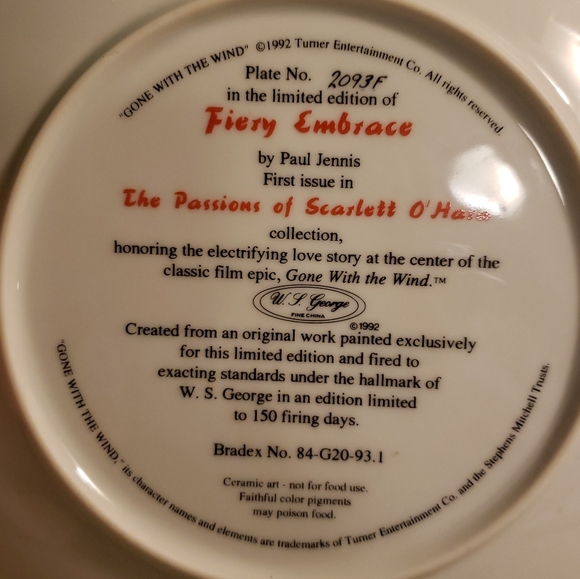 Gone With The Wind Collector Plate Fiery Embrace - Picture 3 of 3